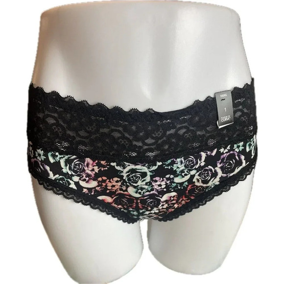 Torrid 1 Black Rose Skull Print Wide Scallop Lace Waistband &Trim Thong Panties - Picture 2 of 5